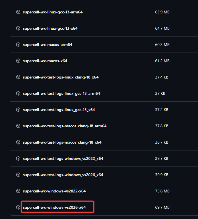 CI artifacts list with the Windows binary artifact highlighted