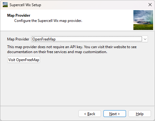 Setup wizard Map Provider page (OpenFreeMap)